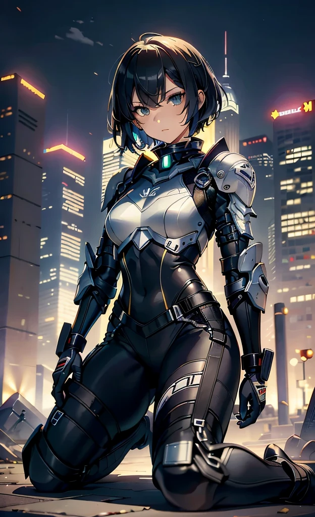 best qualityer,tmasterpiece,Ultimate resolution,downy,Extremely colorful,Colorful,Women combatants,(Kneeling pose)a matural female,Black super short hair,Tight combat suit,tightsuit,Steel City background,the night,Normal posture,Normal posture