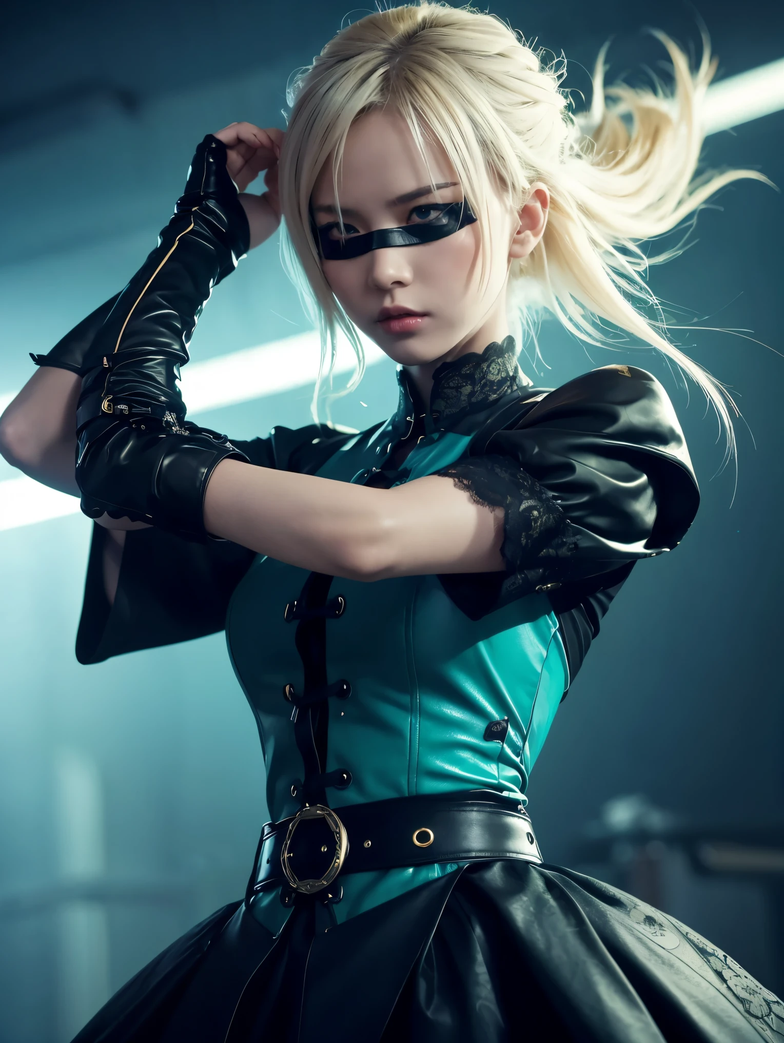A dynamic anime-style scene depicting a fierce female warrior in an intense battle stance. The character has short, platinum-blonde hair that flows freely as she holds a katana with both hands, preparing for a strike. Her eyes are concealed by a sleek black blindfold, adding to the air of mystery and strength. She wears a striking yellow and black outfit: a form-fitting dress with intricate black lace-up designs, puffed sleeves, and floral patterns near the cuffs. The outfit combines elegance with combat readiness, featuring armored gloves and a wide belt cinching her waist. The background is a mixture of mechanical tendrils and vibrant green and teal energy swirling around, giving the scene a futuristic and otherworldly vibe. The lighting emphasizes the contrast between the cool, glowing background and the character’s bold, warm colors. The camera angle is focused closely on the character, highlighting her intense expression and readiness for combat, with the flowing elements of the scene adding dynamic movement and tension.
