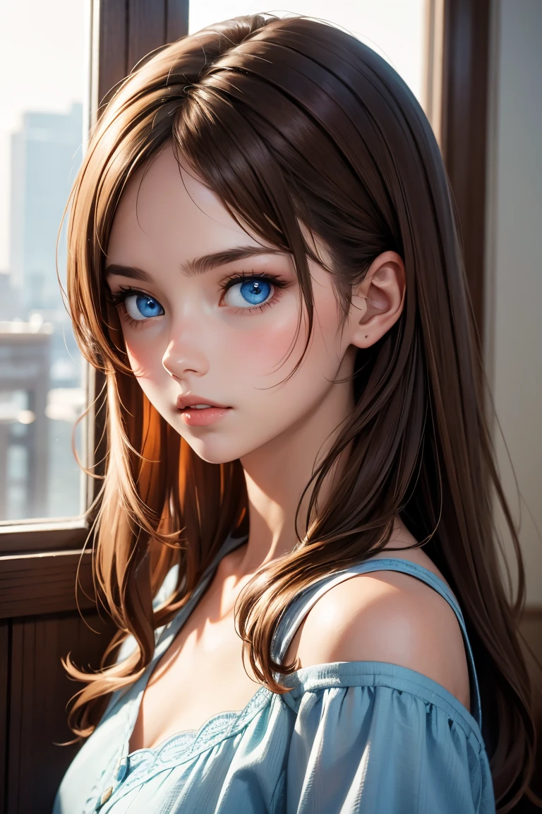 1 girl, , from the shoulder, Brown hair, parted lips, Blue eyes,