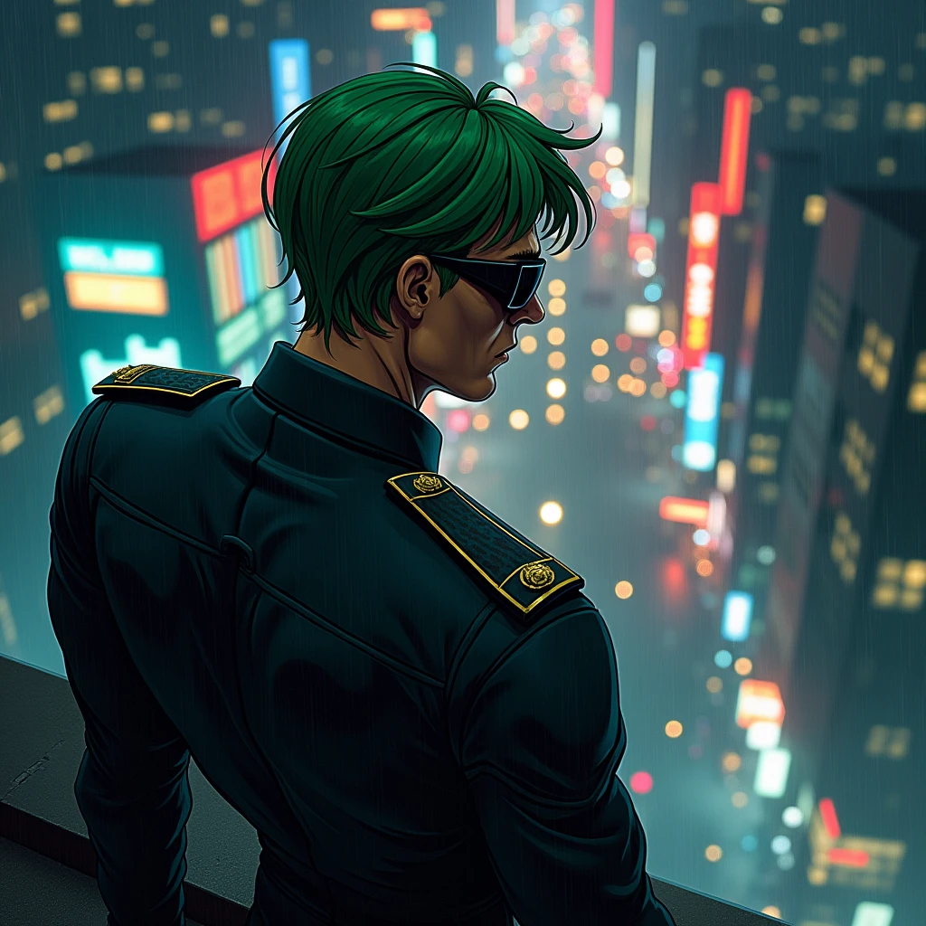 Dark Hero male night City Green Hair short hair military uniform suit sunglasses American Comics