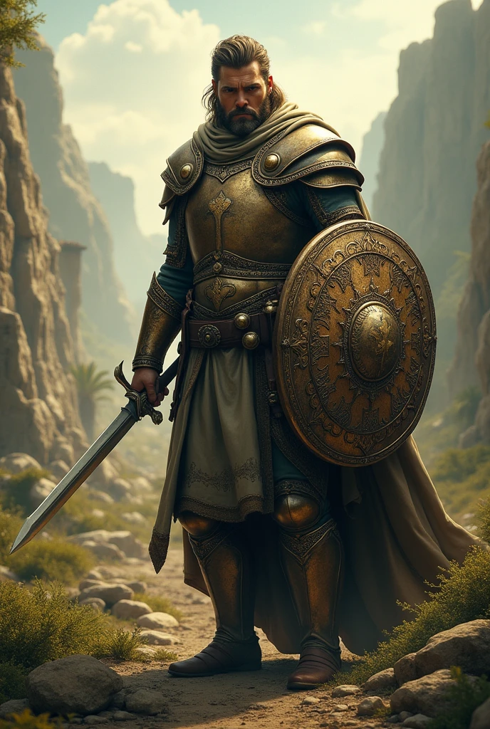 (photorealism:1.2), a brave warrior with a dagger on his hand, his eyes was shining with light, and he have a warrior helmet, breastplate and bible as a shield