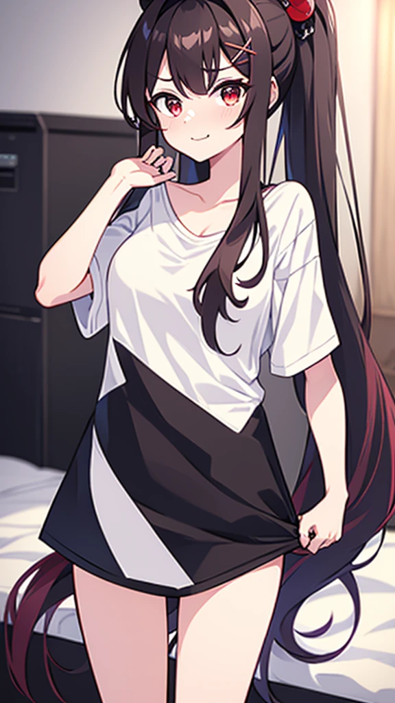 High tail hairstyle, two Ponytail hairstyle, Ponytail hairstyle, Long wavy black hair, standing posando, anime girl style, pixel art anime style,penetrating look with deep eyes,red and purple eyes, hair with a ponytail hairstyle trapped with a big red bun, women, red hair clips, x color shaped hair clips , smiling face blush, next to his bed, Black hair, thighs grandes, NSFW, from below, neckline, looking at the viewer, lascivious smile, ((oversized t-shirt)), off the shoulders, without pants, washing machines, thighs, ((White T-shirt)), standing, hands on the hips,