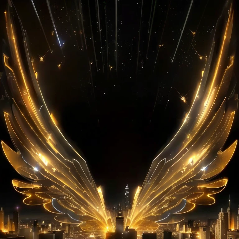 Wings flying over the city at night,The background is a city, Amazing background, Gorgeous background, Flying particles, HD Background, Wings of Light, wonderful, Background artwork, Concept Art Magic Highlights, Interesting background, Gorgeous background, Magic particles in the air, Stunning background, Stunning screensaver, Beautiful background, Golden embers fly, Light streaks in the sky