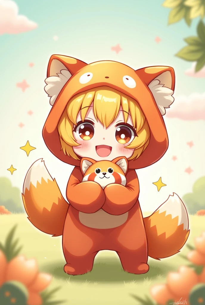 Cute yellow hair eyes and mouth visible shota short hair red panda costume icon anime illustration small stuffed animal