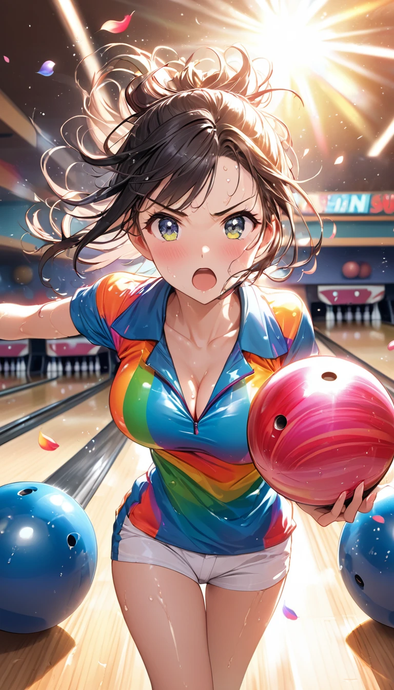 (Sports magazine cover photo), Highest quality, Great quality, 16K, Unbelievably absurd, Very detailed, delicate and dynamic, Natural light, The particles reflect light, Diffuse reflection of light, Many rainbow-colored petals fall, Beautiful hall, Sparkling Sun, Diffuse reflection of light, Create amazing image effects, , Wet, sweating, Bowling, Spare, Strike pins, Throwing Ball, (Cute sexy girl, big bouncing busts, Sensual expression, Cool girl, Serious, passion, Dynamic, Flashy bowling wear, ,audience , much-air-laden cheer)