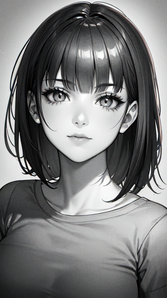 1girl, solo, sharp eyes, monochrome, greyscale, short black hair, portrait, T-shirt, closed mouth, looking at viewer, sketch, graphite \(medium\), detailed lips, hatching \(texture\), without makeup, bangs, upper body, (best illustration), (best quality), (very detailed), (masterpiece), 30 year girl, 