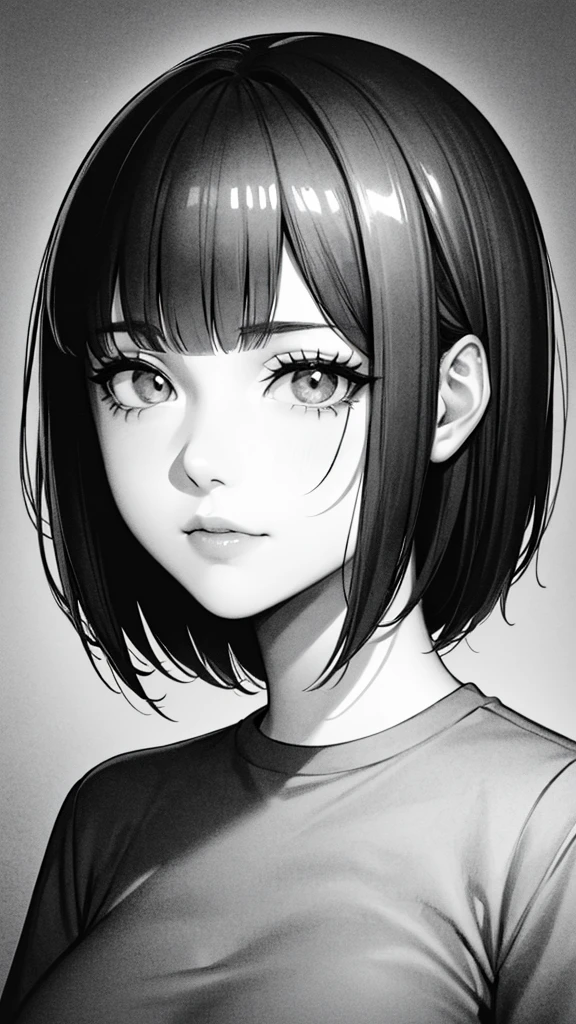 1girl, solo, sharp eyes, monochrome, greyscale, short black hair, portrait, T-shirt, closed mouth, looking at viewer, sketch, graphite \(medium\), detailed lips, hatching \(texture\), without makeup, bangs, upper body, (best illustration), (best quality), (very detailed), (masterpiece), 30 year girl, 