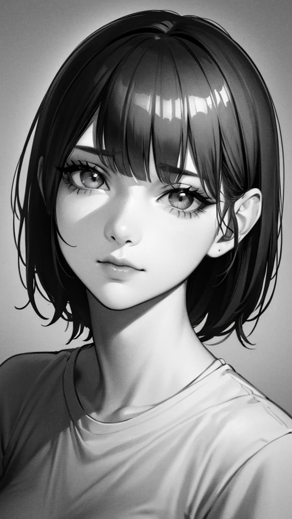 1girl, solo, sharp eyes, monochrome, greyscale, short black hair, portrait, T-shirt, closed mouth, looking at viewer, sketch, graphite \(medium\), detailed lips, hatching \(texture\), without makeup, bangs, upper body, (best illustration), (best quality), (very detailed), (masterpiece), 30 year girl, 