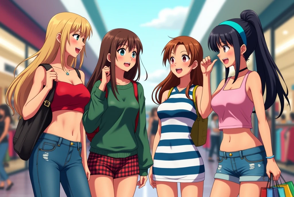 a group of anime girls shopping at a mall
1. the first girl is wearing a small red tube top that is almost slipping and jeans with long blonde hair, and she carries a bag on her shoulder.
2. the second girl has brown hair and wearing baggy green sweater with plaid miniskirt carrying a backpack.
3. the third girl has long black hair wearing a tight sleeveless blue and white horizontal striped dress and blue hairband.
4. the fourth girl has a sun kissed complexion and brown ponytail hair with pink crop tank top that exposes her midriff with noodle straps along with shorts, she fixes her hair and showing both her armpits.
they're all chatting to each other.