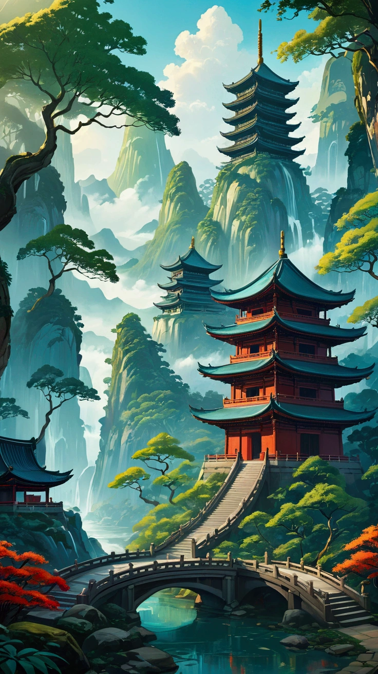 a close up of a painting of a pagoda in a forest, ross tran. scenic background, japanese art style, chinese fantasy, rossdraws global illumination, by Yang J, by Li Song, anime background art, beautiful digital artwork, anime background, 8k high quality detailed art, chinese watercolor style, background artwork, scenery artwork, background art, andreas rocha style