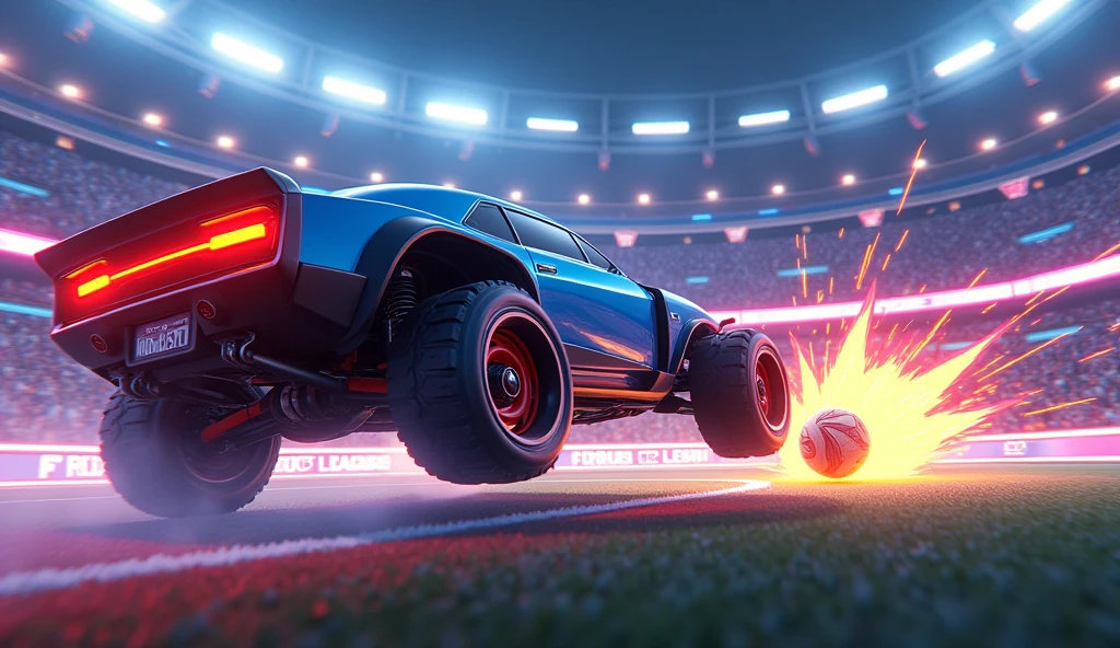 crée une image d'une arène de rocket league, une voiture marque un but en faisant un flip avant. la balle entre dans le but de l arène avec une explosion type manga. hyper détaillé , hyper realiste, 16:9