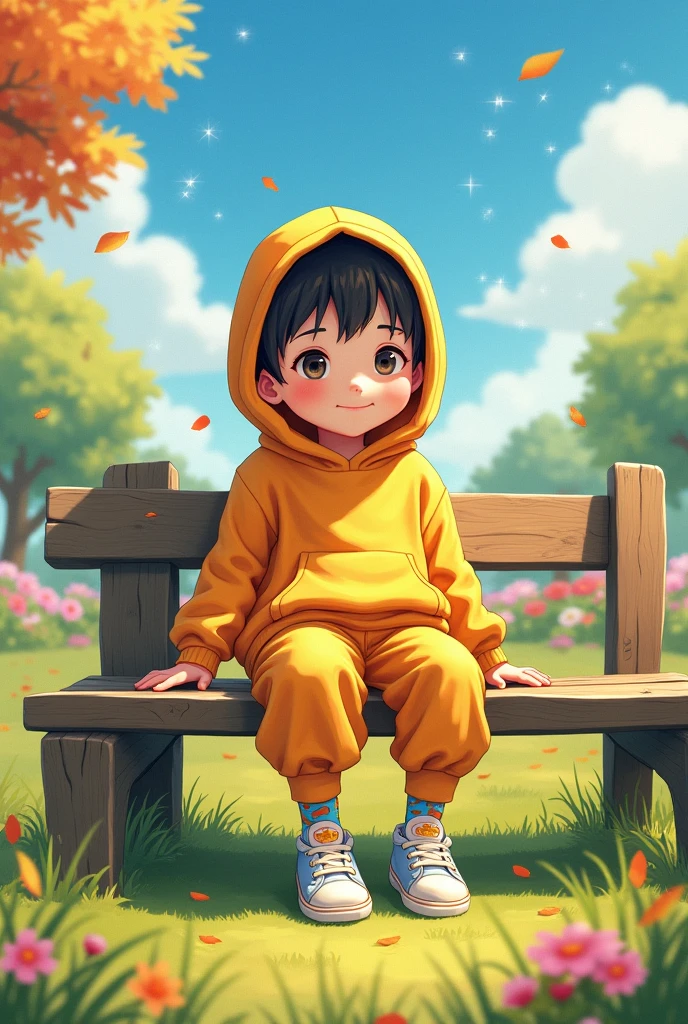 Zenitsu agatsuma socks wearing a hoodie, and oversized sweatpants sitting on a bench outside, young, boy, child, small, toddler, sparkles falli 