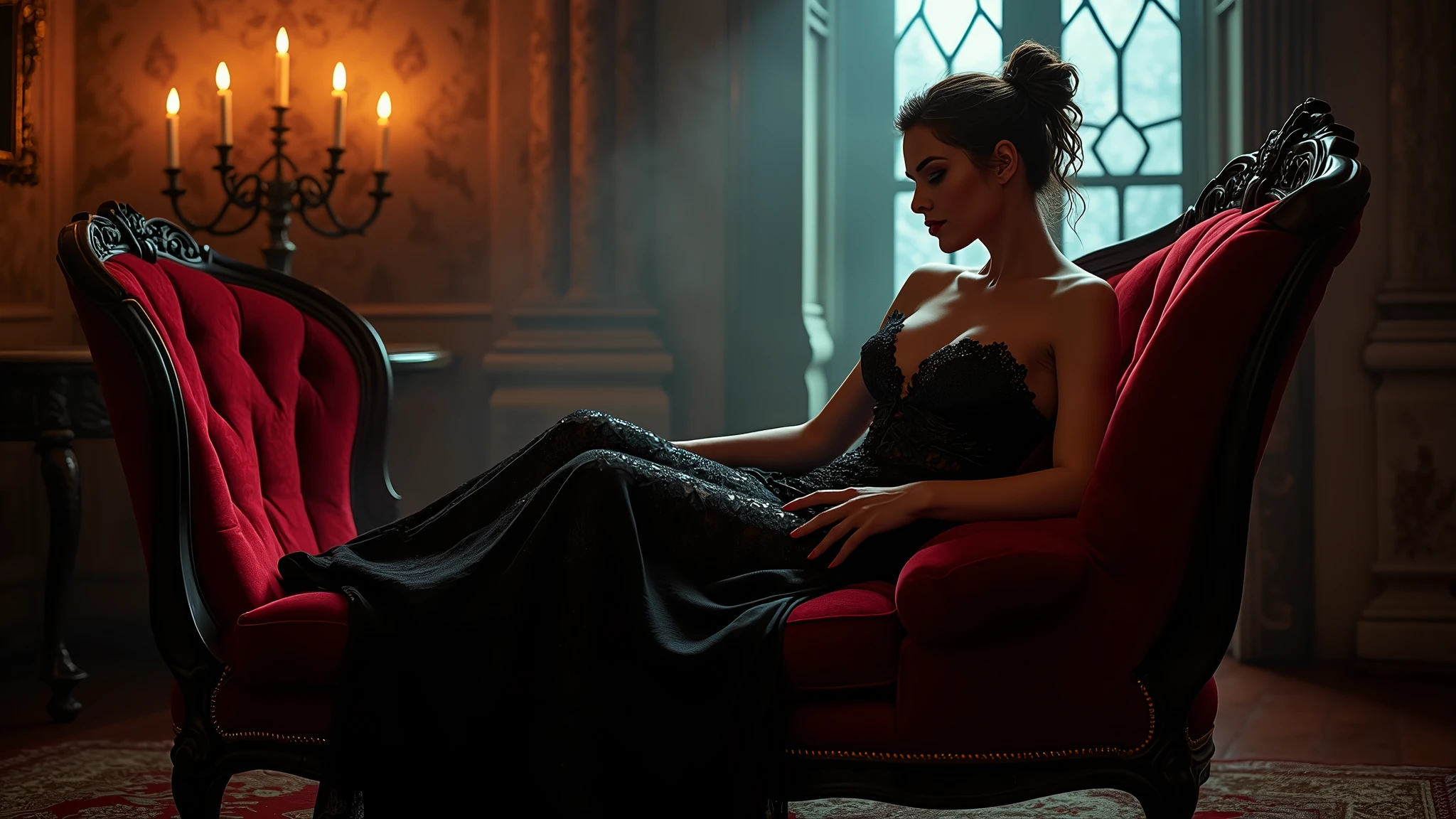 A captivating female vampire with a sensual, yet dangerous allure. She lounges on an ornate velvet chaise inside a dimly lit, candle-filled chamber in a grand castle. Her dress is made of black lace, revealing and enhancing her curves. Shadows dance across the walls, and the flickering candlelight casts an eerie, yet inviting atmosphere as she awaits her next victim. Aim for realistic depiction, make sure photos are at highest resolution (8K)
