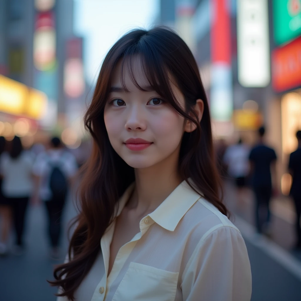 one person's, (Japanese beautiful girl, Delicate:1.3), (18-year-old:1.3), break, (blouse:1.3), break, Extremely detailed clarity, (Symmetrical eyes:1.3), break, (Street Snap:1.3), perfectly trimmed fingers, break, Small breasts, Brown eyes, Parted bangs, Brown Hair, break, (Eye and facial details:1.0), break, (masterpiece, Highest quality, Very detailed, Detailed face, 8k),smile