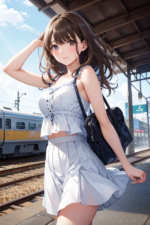 anegasaki nene、Shiny brown hair, short hair, (Beautiful brown eyes、Sparkling eyes, Fine grain)、smile、超detailedな目、非常にdetailedな顔, 非常にdetailedな目,Cowboy Shot、
8k resolution, masterpiece, Highest quality, 20-year-old, , Wavy Hair, beautiful Perfect Face, Soft Skin, Perfect Face, Yasutomo Oka's painting style, Height: 165cm,
lime green jacket, White silk camisole,
A very long sky blue skirt with lots of flowers, detailed, Splash screen,Sharp eyes, Pink Lips, break, White Silver, dynamic sexy pose, Sweat, Strong winds, Standing alone on the station platform, Wait for the train to come