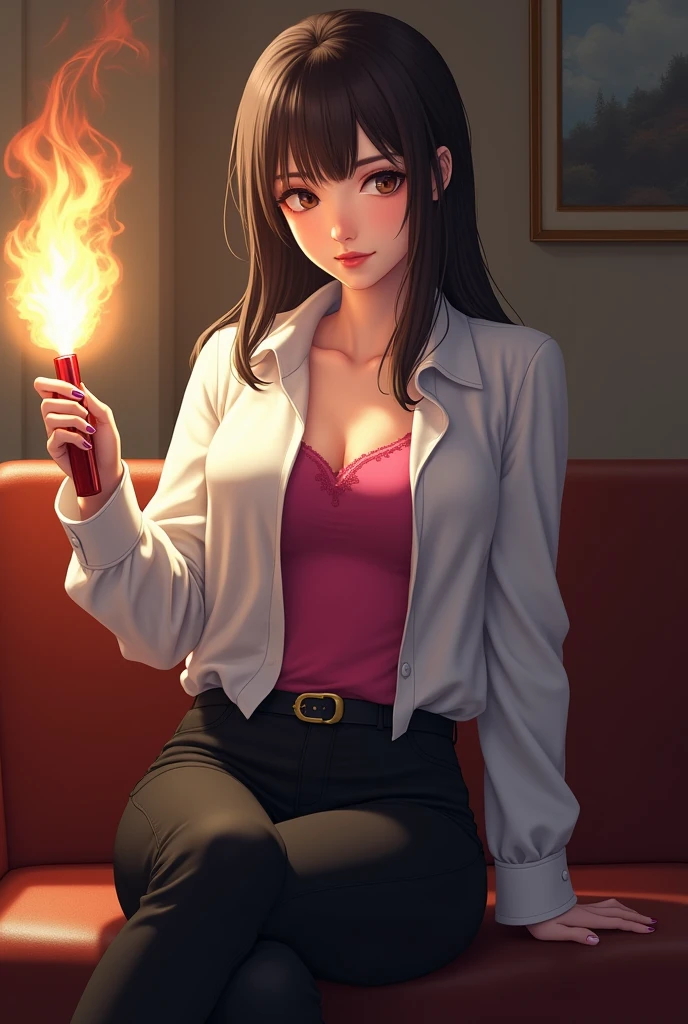 One person, sofiatakigawa_united states of america, chest, eyelash, View your viewers, Cowboy Shot, Sitting,
Dynamite ignition, Attractive body, Wear office clothes, White blouse, Pink Tank Top, belt, Black trousers, Red High Heels.
(Urzan-6500:0.0), (Ultimate Quality, masterpiece, High resolution:1.0), (photoRealistic, Realistic:1.9),  Nice hands, 
