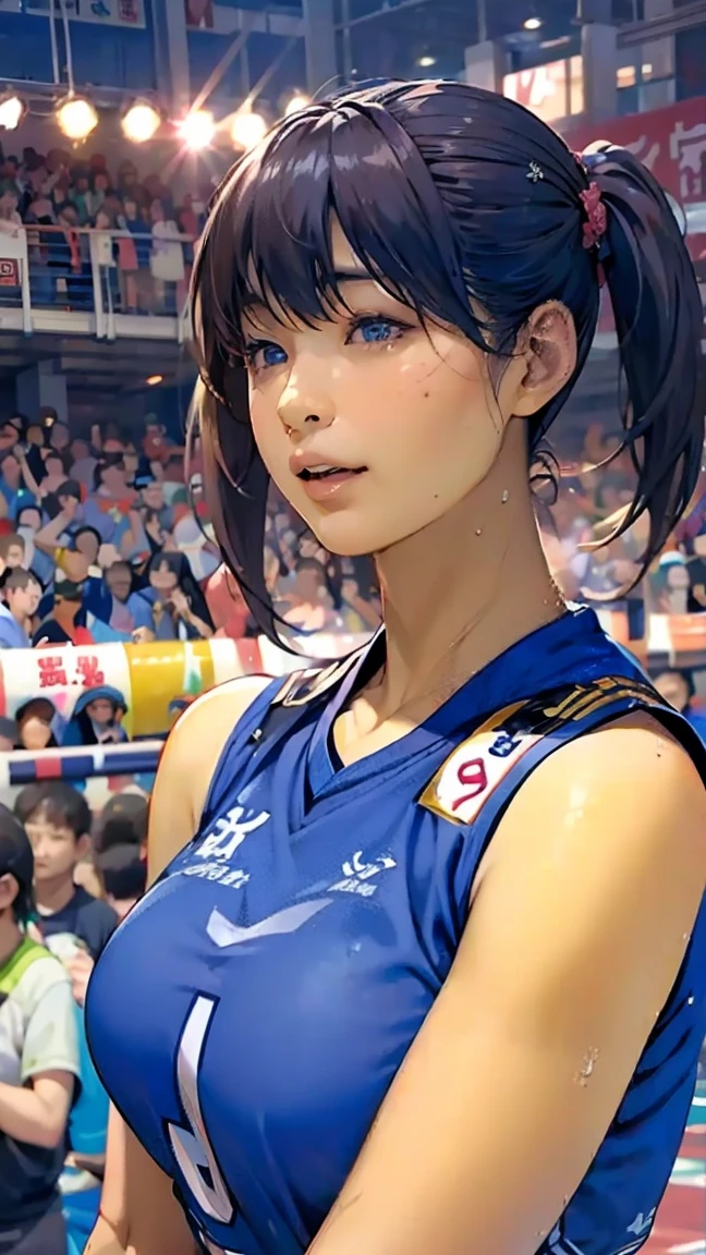 perfection、masterpiece、(Highest quality、High resolution:1.2)、 1 person、Beautifully detailed eyes、Beautiful pink lips、Highly detailed eyes and face、Bright colors、HDR、Studio Lighting、Ultra-high definition painting、Sharp focus、Physically Based Rendering、Extremely detailed depiction、moderate bust、perfectionな形、Facing the viewer、Sweat、Volleyball Player、((Sleeveless navy blue volleyball uniform))、Braided Hair、Twin tails、Pigtails