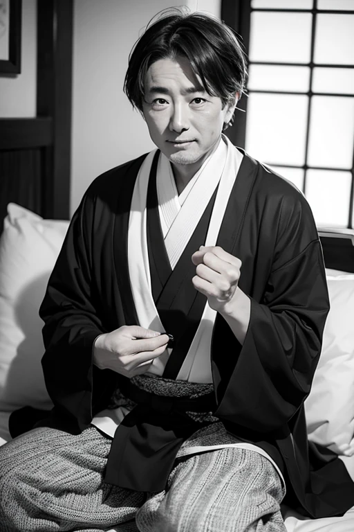 Create a black and white image of a Japanese man in his 50s.
