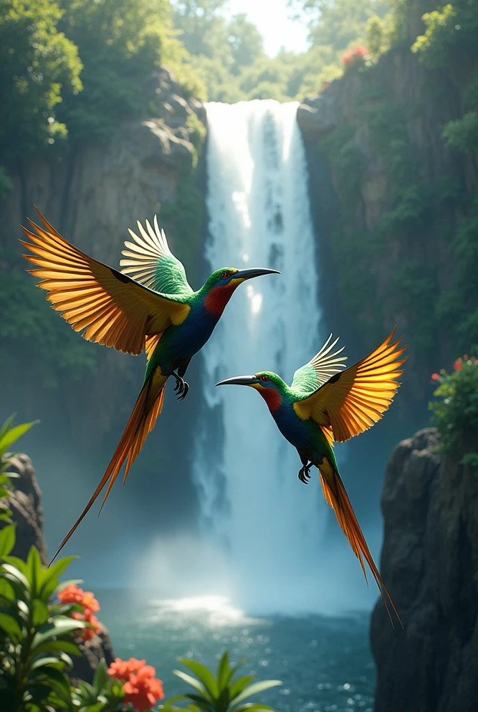 2 flying birds of paradise against the backdrop of a waterfall, with bright feathers