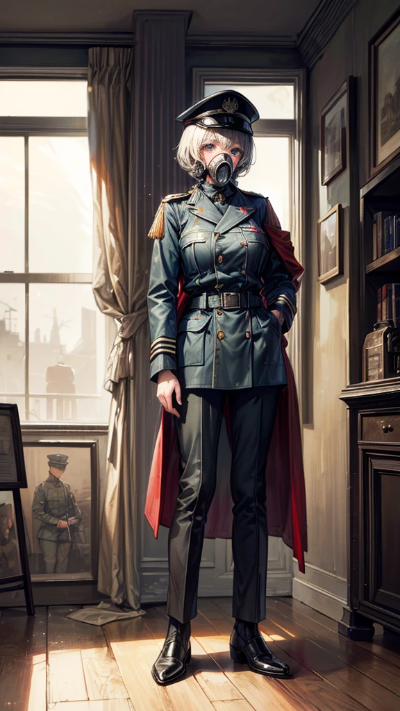 ((True best masterpiece, Ultimately perfect quality, Extremely delicate details)), ((Modern army, World War I, Great War, Old, Antique)), A soldier girl, Wearing military uniform, Wearing trench coat, Wearing military cap, With gas mask