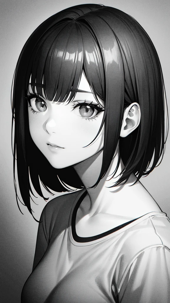 1girl, solo, sharp eyes, monochrome, greyscale, short black hair, portrait, T-shirt, closed mouth, looking at viewer, sketch, graphite \(medium\), detailed lips, hatching \(texture\), without makeup, bangs, upper body, (best illustration), (best quality), (very detailed), (masterpiece),