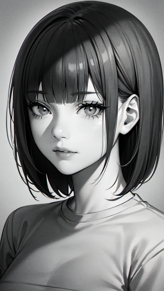 1girl, solo, sharp eyes, monochrome, greyscale, short black hair, portrait, T-shirt, closed mouth, looking at viewer, sketch, graphite \(medium\), detailed lips, hatching \(texture\), without makeup, bangs, upper body, (best illustration), (best quality), (very detailed), (masterpiece),