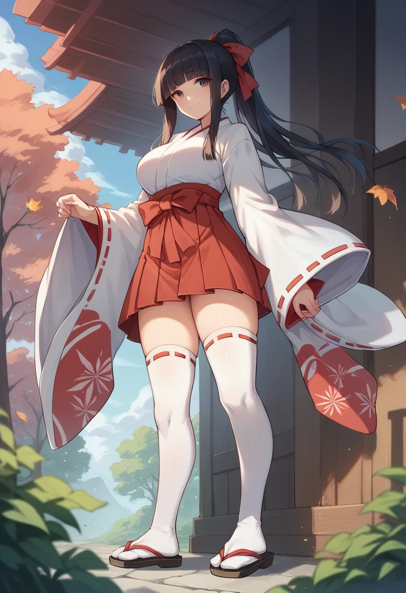 1girl, solo, long hair, breasts, looking at viewer, blush, smile, bangs, skirt, large breasts, black hair, thighhighs, long sleeves, ribbon, brown eyes, closed mouth, standing, full body, hair ribbon, ponytail, outdoors, japanese clothes, wide sleeves, blunt bangs, kimono, white thighhighs, tree, zettai ryouiki, leaf, from below, sandals, ribbon trim, hakama, hakama skirt, ribbon-trimmed sleeves, white kimono, miko, tabi, hakama short skirt, red hakama