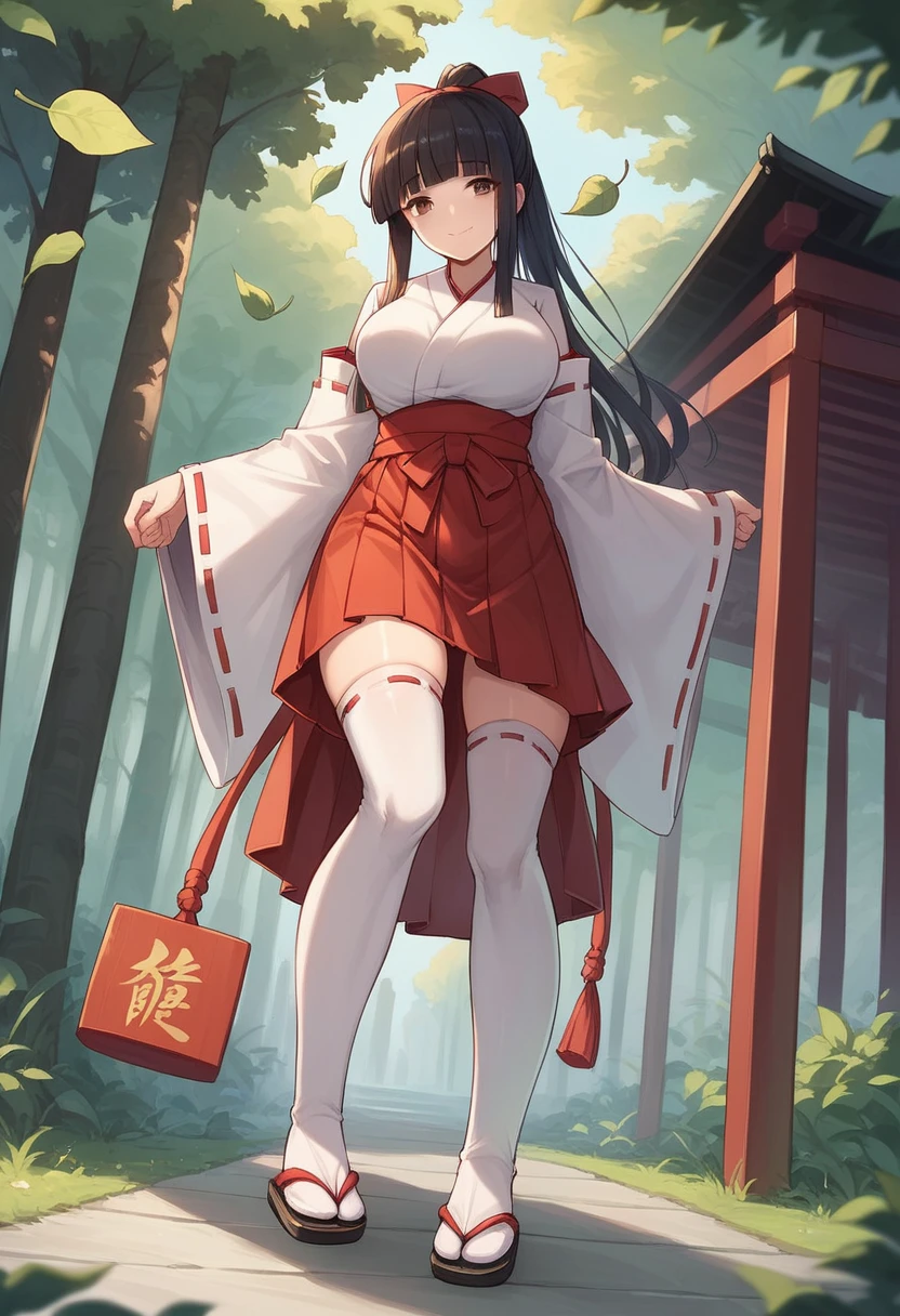 1girl, solo, long hair, breasts, looking at viewer, blush, smile, bangs, skirt, large breasts, black hair, thighhighs, long sleeves, ribbon, brown eyes, closed mouth, standing, full body, hair ribbon, ponytail, outdoors, japanese clothes, wide sleeves, blunt bangs, kimono, white thighhighs, tree, zettai ryouiki, leaf, from below, sandals, ribbon trim, hakama, hakama skirt, ribbon-trimmed sleeves, white kimono, miko, tabi, hakama short skirt, red hakama
