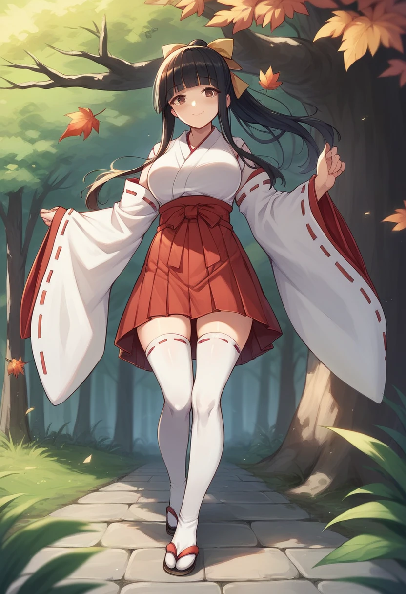 1girl, solo, long hair, breasts, looking at viewer, blush, smile, bangs, skirt, large breasts, black hair, thighhighs, long sleeves, ribbon, brown eyes, closed mouth, standing, full body, hair ribbon, ponytail, outdoors, japanese clothes, wide sleeves, blunt bangs, kimono, white thighhighs, tree, zettai ryouiki, leaf, from below, sandals, ribbon trim, hakama, hakama skirt, ribbon-trimmed sleeves, white kimono, miko, tabi, hakama short skirt, red hakama