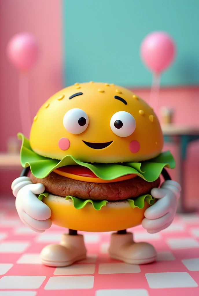 Make a minimalist drawing of a hamburger as a character with a retro 80s restaurant style and that has white gloves