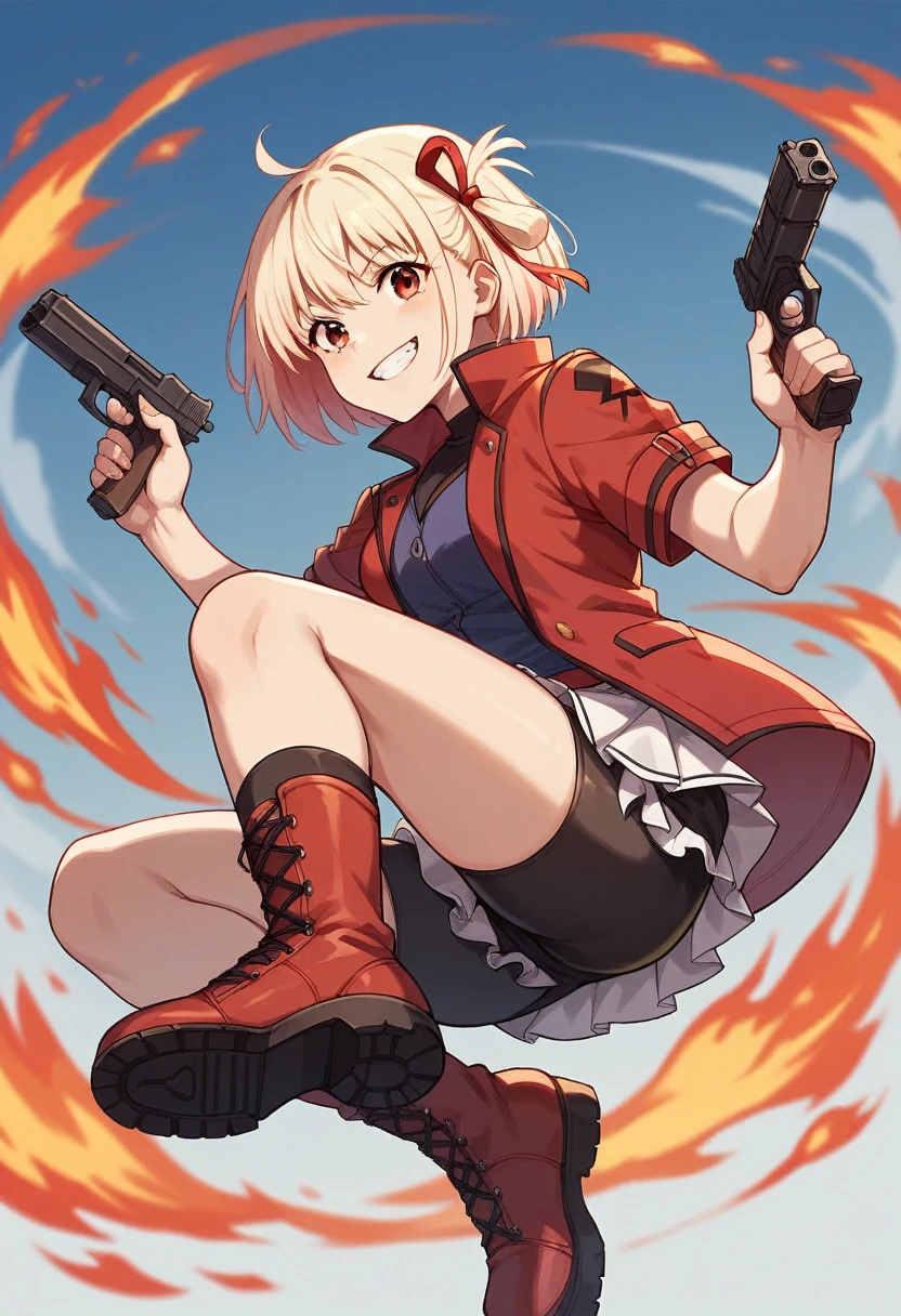 nishikigi chisato, 1girl, solo, looking at viewer, smile, short hair, bangs, skirt, blonde hair, red eyes, ribbon, holding, jacket, hair ribbon, weapon, short sleeves, boots, shoes, shorts, holding weapon, grin, red ribbon, gun, black shorts, fire, bike shorts, holding gun, red jacket, handgun, cross-laced footwear, dual wielding, shorts under skirt, shoe soles, m1911