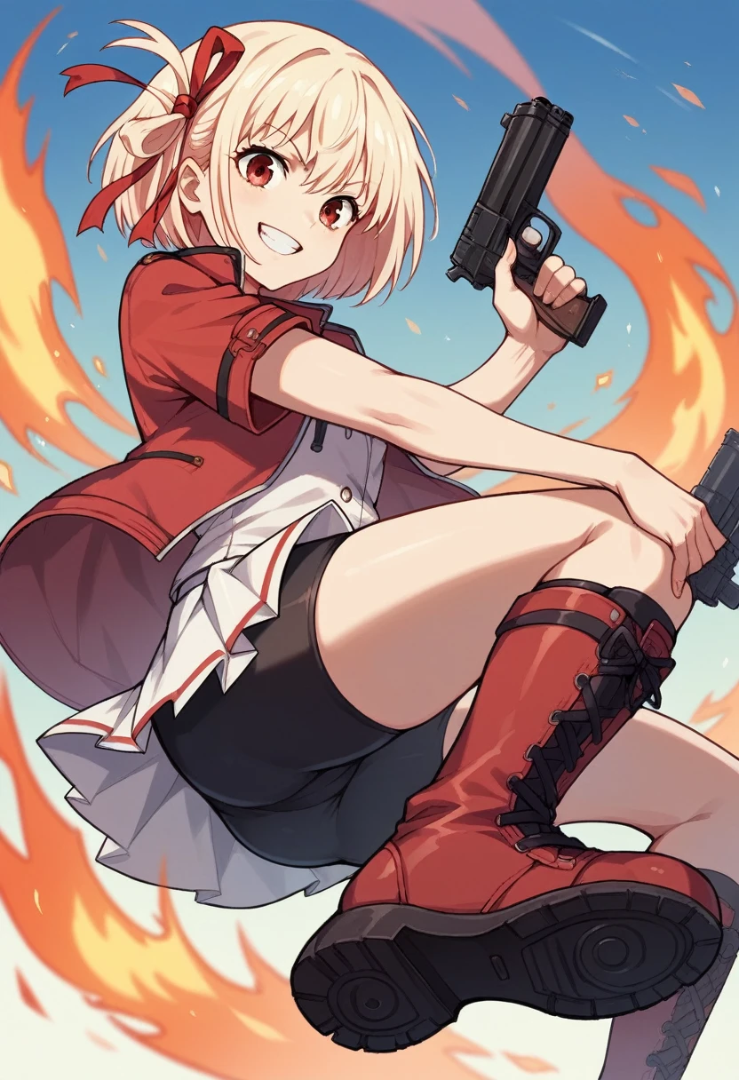 nishikigi chisato, 1girl, solo, looking at viewer, smile, short hair, bangs, skirt, blonde hair, red eyes, ribbon, holding, jacket, hair ribbon, weapon, short sleeves, boots, shoes, shorts, holding weapon, grin, red ribbon, gun, black shorts, fire, bike shorts, holding gun, red jacket, handgun, cross-laced footwear, dual wielding, shorts under skirt, shoe soles, m1911