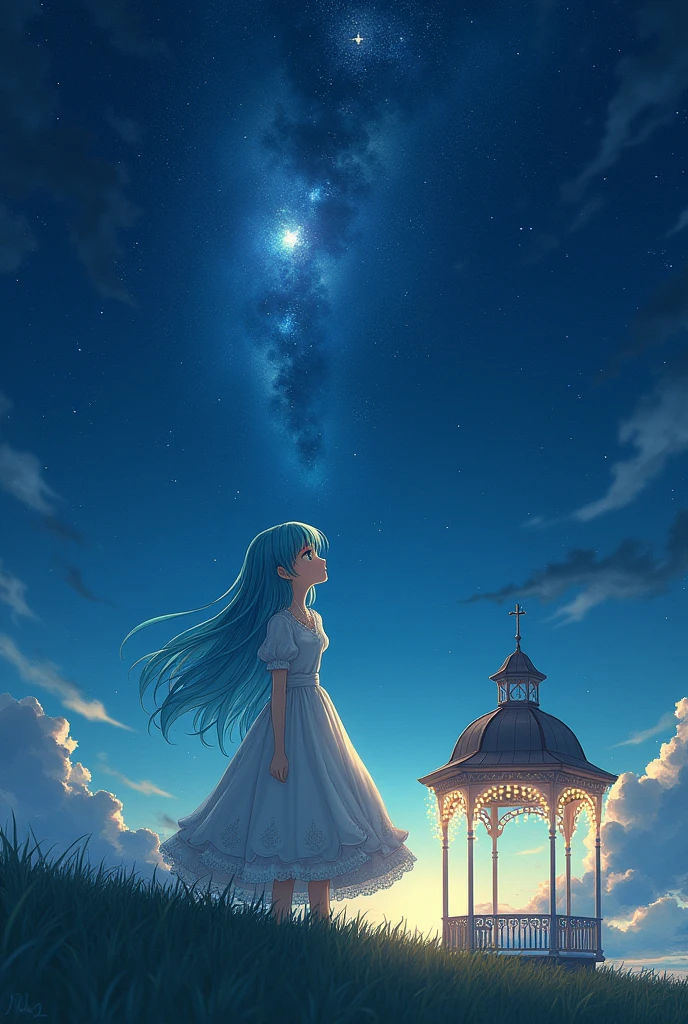 wishing upon a star on a starry night with a gazebo in the background, anime bishoujo style digital art.