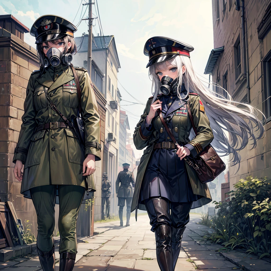 ((True best masterpiece, Ultimately perfect quality, Extremely delicate details)), ((Modern army, World War I, Great War, Old, Antique)), A soldier girl, Wearing military uniform, Wearing trench coat, Wearing military cap, With gas mask
