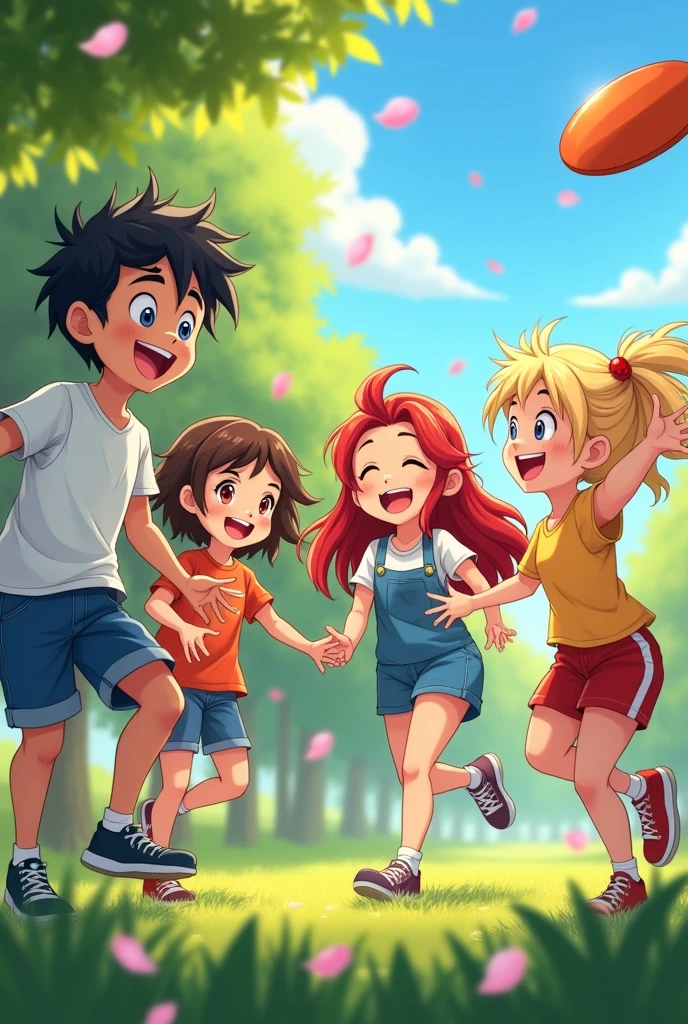 GENERATE AN ANIME IMAGE ABOUT 4 BEST FRIENDS (1 BOY AND 3 GIRLS) WHILE LAUGHING AND PLAYING WITH EACH OTHER. DONT FORGET THAT THEY ARE GROUP OF 4, 3 GIRLS AND 1 BOY. THEY ARE ALL IN SAME AGE