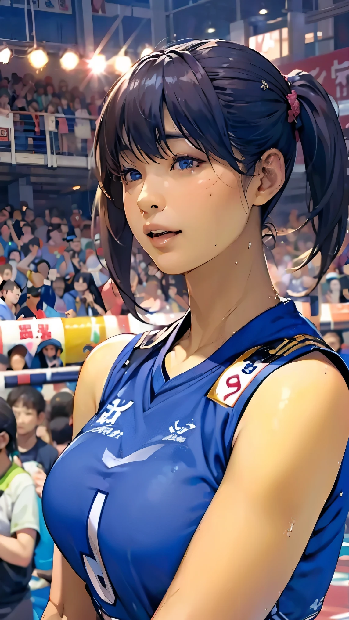 perfection、masterpiece、(Highest quality、High resolution:1.2)、 1 person、Beautifully detailed eyes、Beautiful pink lips、Highly detailed eyes and face、Bright colors、HDR、Studio Lighting、Ultra-high definition painting、Sharp focus、Physically Based Rendering、Extremely detailed depiction、moderate bust、perfectionな形、Facing the viewer、Sweat、Volleyball Player、((Sleeveless navy blue volleyball uniform))、Braided Hair、Twin tails、Pigtails