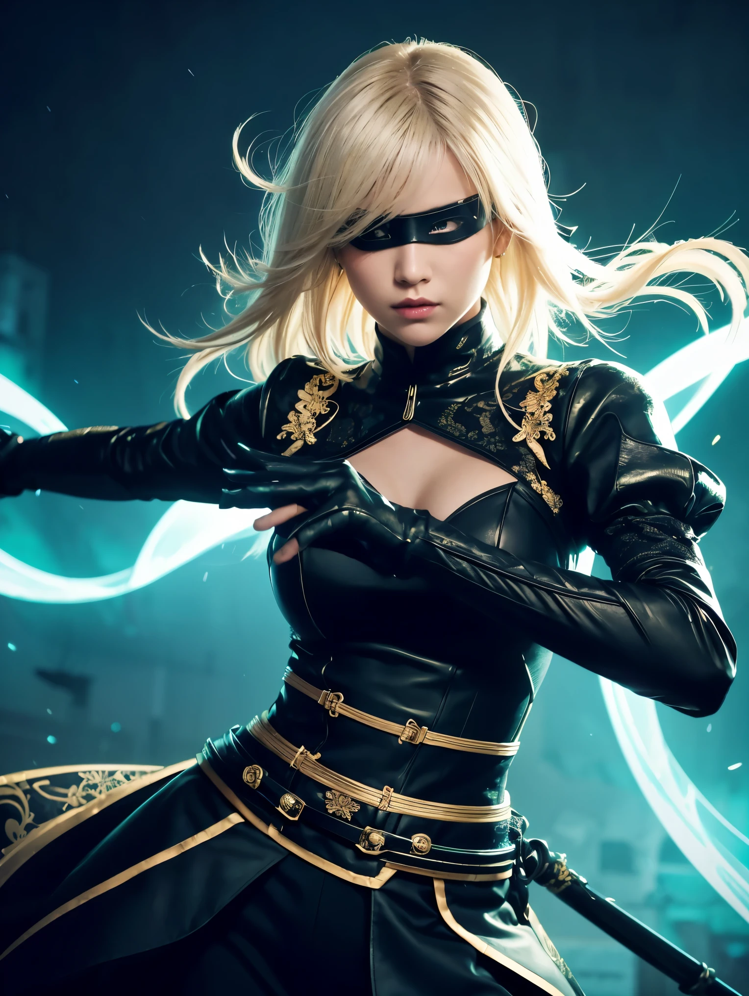 A dynamic anime-style scene depicting a fierce female warrior in an intense battle stance. The character has short, platinum-blonde hair that flows freely as she holds a katana with both hands, preparing for a strike. Her eyes are concealed by a sleek black blindfold, adding to the air of mystery and strength. She wears a striking yellow and black outfit: a form-fitting dress with intricate black lace-up designs, puffed sleeves, and floral patterns near the cuffs. The outfit combines elegance with combat readiness, featuring armored gloves and a wide belt cinching her waist. The background is a mixture of mechanical tendrils and vibrant green and teal energy swirling around, giving the scene a futuristic and otherworldly vibe. The lighting emphasizes the contrast between the cool, glowing background and the character’s bold, warm colors. The camera angle is focused closely on the character, highlighting her intense expression and readiness for combat, with the flowing elements of the scene adding dynamic movement and tension.