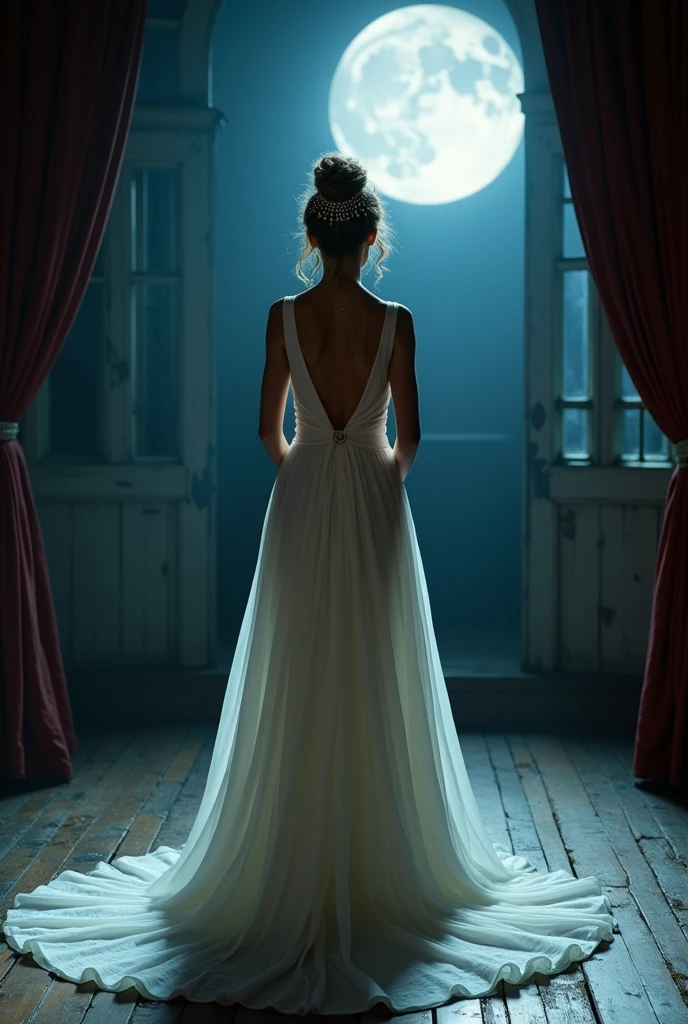 A woman in a white backless train dress with white pearls in her messy bun stands with her back turned to the moon on an old stage