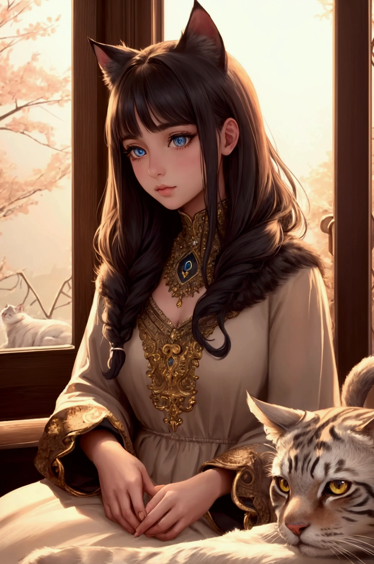 1girl sitting close to a large majestic cat, beautiful detailed eyes, beautiful detailed lips, extremely detailed eyes and face, long eyelashes, girl looking up at the cat with complete trust and affection, the cat is the girl's protector and companion, the cat gazing down at the girl with a gentle expression, warm ambient lighting, intricate detailed fur on the cat, photorealistic, highly detailed, 8k, best quality, masterpiece, cinematic lighting, warm color palette
