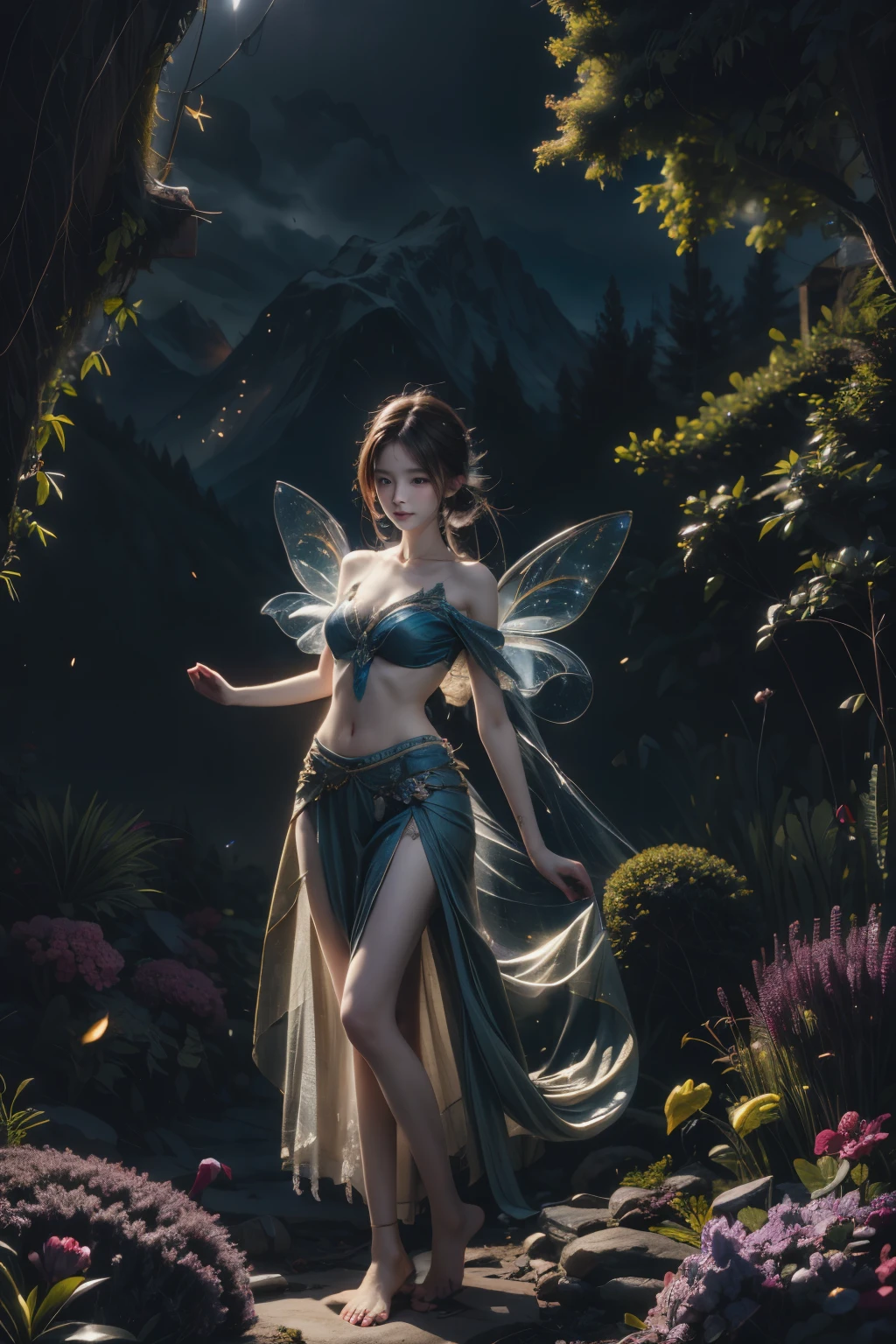 Beautiful fairy, surrounded by fireflies, ethereal and dreamy atmosphere