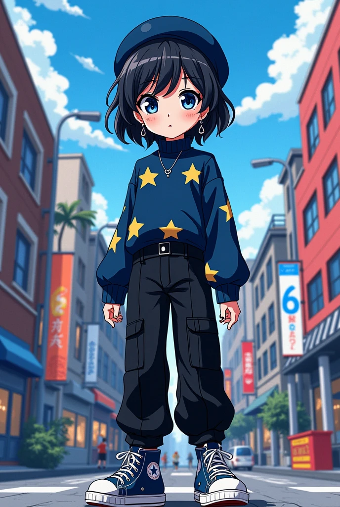 Make me a boku no hero style comic image, A white girl, , short black hair down to the back, has bangs but they don't cover her eyes and her hair is a little messy, her eyes are a little big and they are beautiful and they are like yumeno kyusaku's from bungo stray dogs, and they are dark blue in color with a star inside one and a circle inside the other, She is wearing a blouse like the one in the movie Coraline, dark blue with stars, that reaches up to the neck and has long, thick sleeves that cover some of the palms of the hands, a long, thick black pair of pants that cover some of the sneakers and a pair of blue All Star sneakers. She is wearing a small silver earring., a navy blue beret. Her nails are painted black and they are out of her pants., and stand up and do it full body.