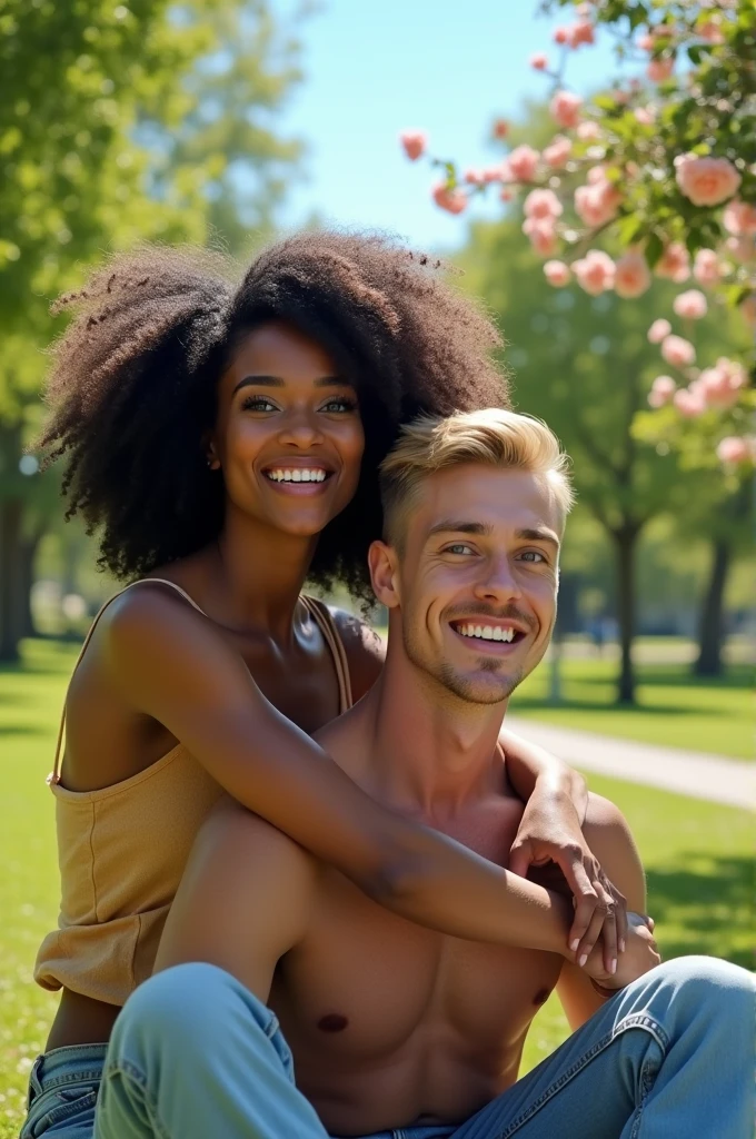 A black woman with frizzy black hair and dark brown eyes sitting on a white man with straight blond hair and blue eyes 