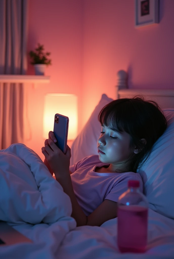 One young girl sitting in bed.use phone..right hand phone up in sleepy mood..room full lite pink .white bed.charger,laptop. Water bottle ..room in dark..one light lamp