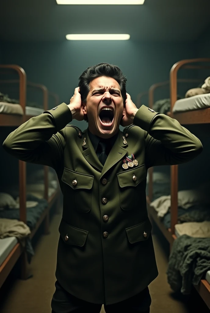 A man in military uniform screams, angry and holding his head in his hands