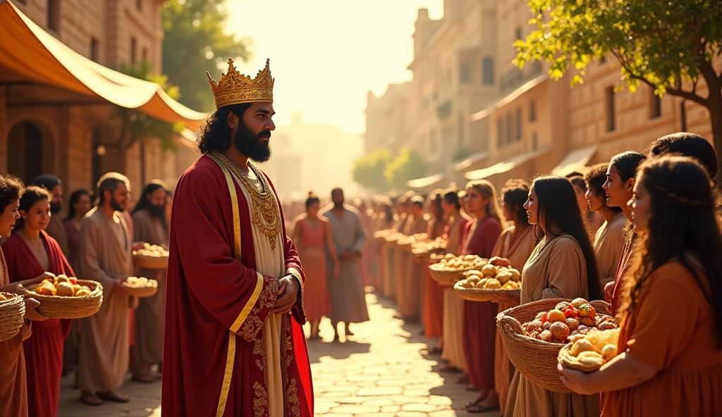 Create an image of Solomon in a biblical setting, generously sharing its resources with its people. He is in a central square of the kingdom, surrounded by citizens of all ages, each one receiving something different: foods, Moedas, scrolls of wisdom, and clothes. No fundo, show how prosperity and happiness spread throughout the city, with people smiling and interacting, creating an atmosphere of abundance and gratitude. The sun shines on everyone, symbolizing that Solomon's generosity is rewarded with a prosperous and united community.