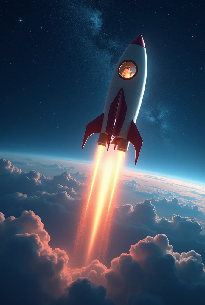 "A sleek rocket with two children inside, launching from Earth into the starry night sky, leaving the planet behind with the stars getting closer."