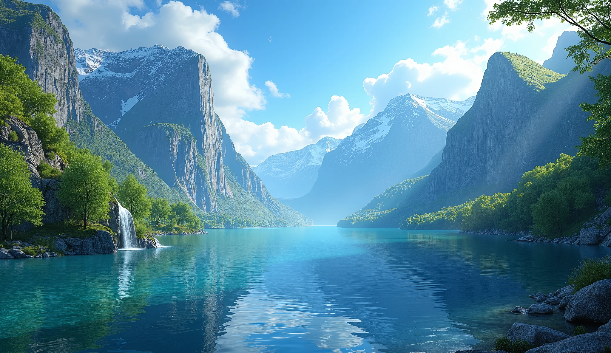 masterpiece, best quality, high quality, Extremely detailed CG unity 8k wallpaper, landscape, outdoor, Sky, cloud, Sky, No humans, Mountain, landscape, water, Tree, blue Sky, waterfall, cliff, nature, lake, river , cloudy skies, Award-winning photography, Bokeh, Depth of Field, HDR, bloom, Chromatic Aberration, Photorealism, Very detailed, Popular on artstation, Popular on CGsociety, complex, High Detail, dramatic, Art on the go