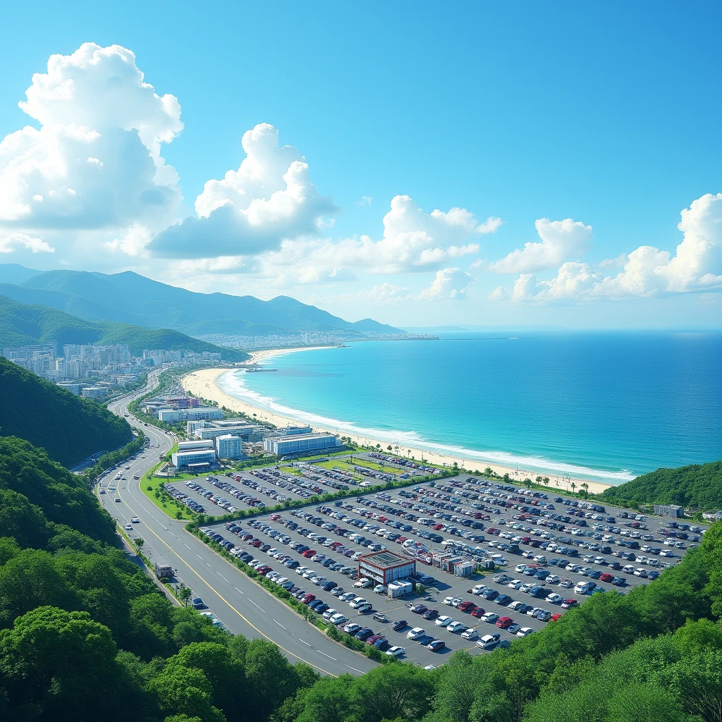 Parking lot along the national highway, summer sea, horizon, landscape photography, kamakura, Kanagawa, Japan, real, precision, masterpiece