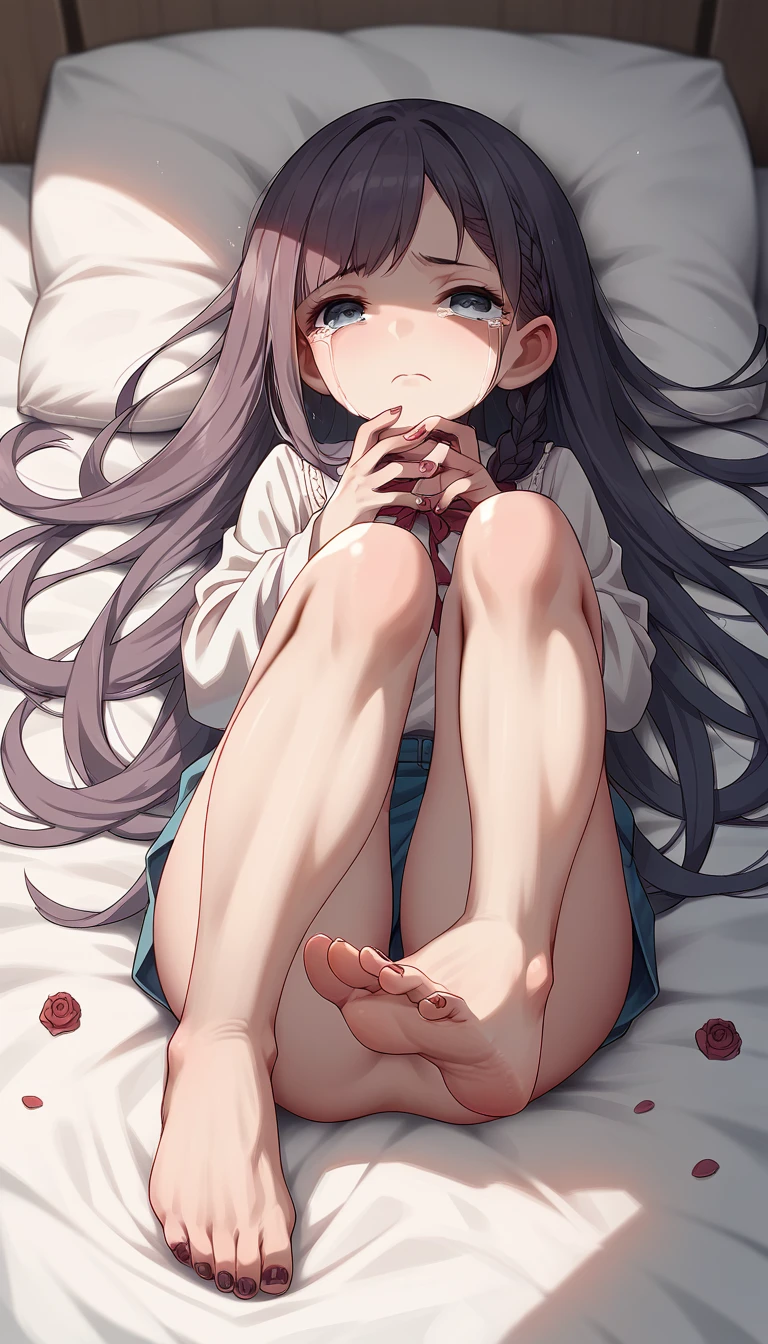 observant , girl child , wearing short clothes Tiny , small cup , Crying lying in bed, Barefoot painted nails, arched legs up backs of feet ,long hair,fofa langerie , pantyrose,the law