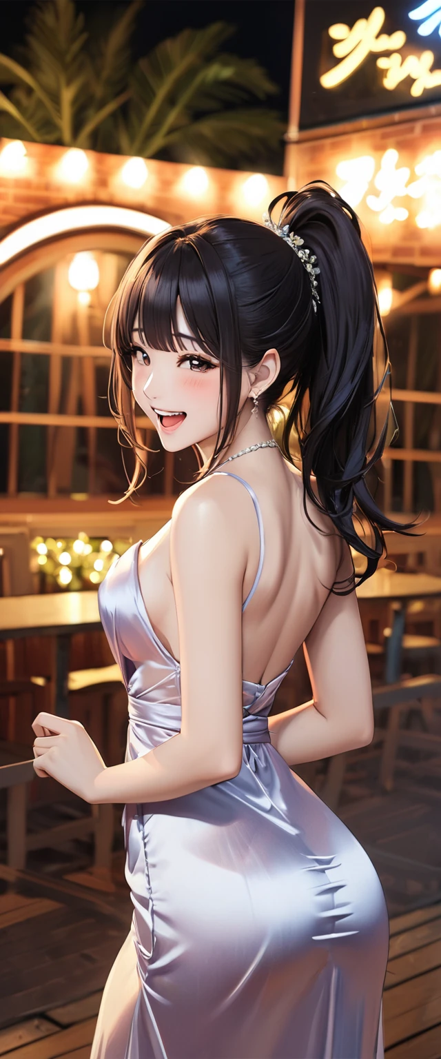 woman,20-year-old,, venue,night,(((Sexy silk dresses))),,Laughing with your mouth open((Beautiful ponytail)),((Black Hair)),blush、,((())),(See through)Reflecting the buttocks